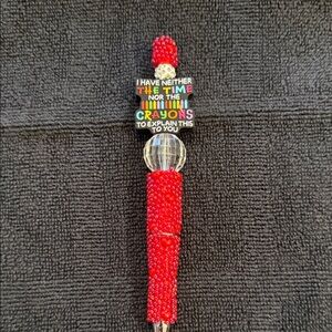 Red Beaded Novelty Pen with Quirky Crayons Quote
